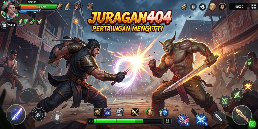 Tangkapan layar utama JURAGAN404 menunjukkan pertarungan seru antar karakter.