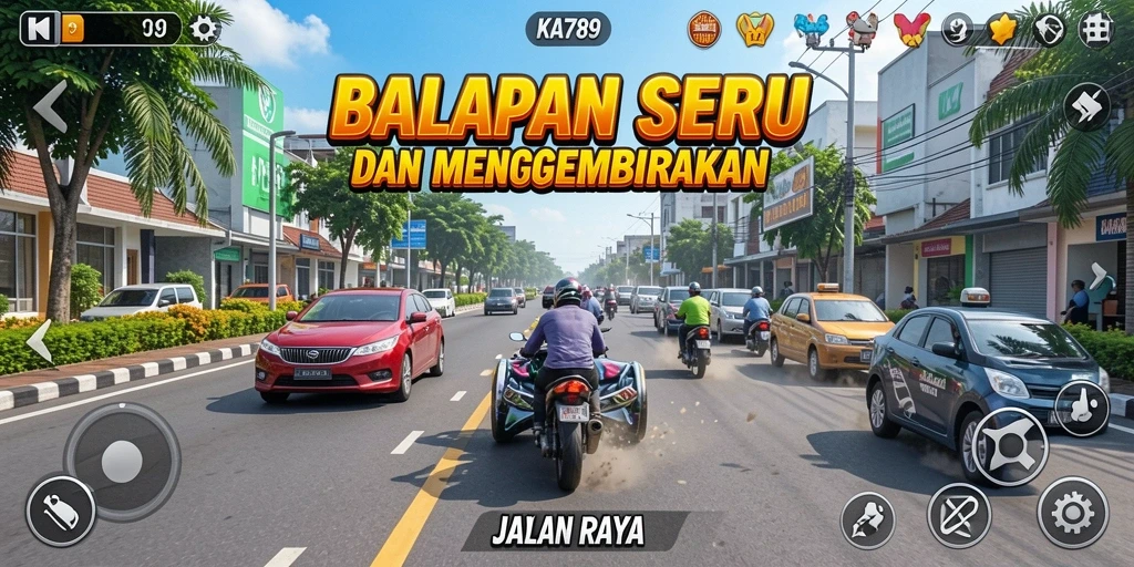 Screenshot gameplay menampilkan balapan seru di trek kota.