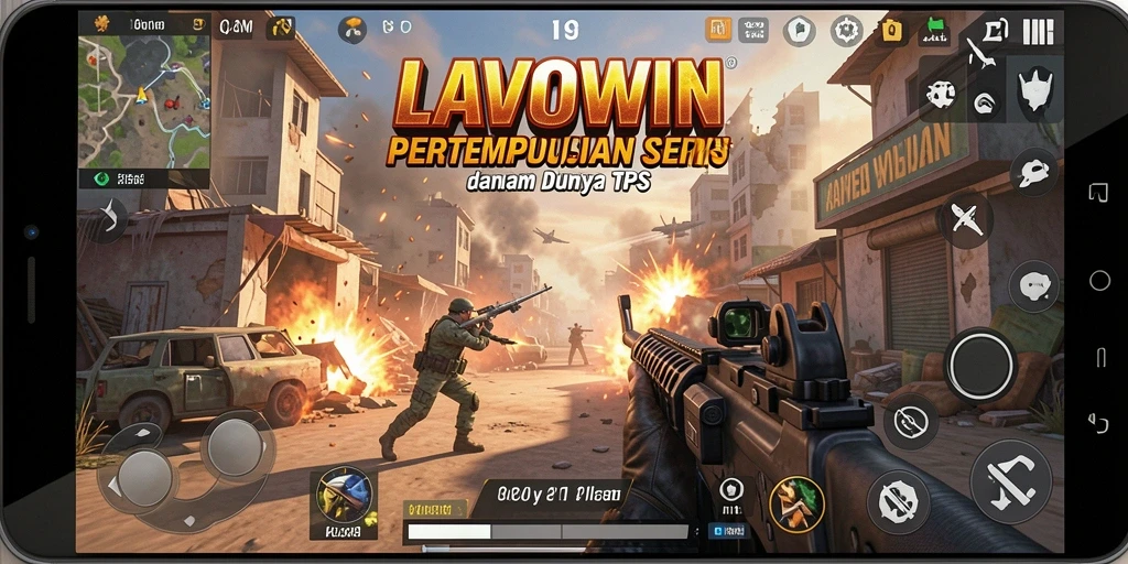 Screenshot utama LAVOWIN menampilkan aksi seru dalam permainan TPS.
