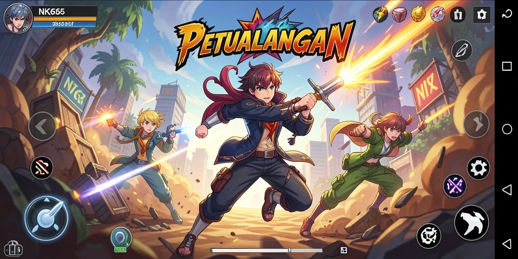 Screenshot menunjukkan aksi mendebarkan dalam game Anime NK666.
