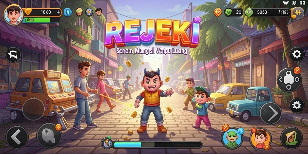Tampilan gameplay yang menarik dan penuh warna dalam REJEKI.
