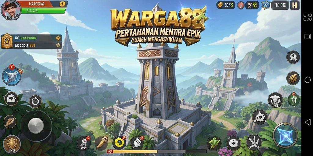 Screenshot utama WARGA88 menampilkan aksi menara pertahanan melawan gelombang musuh.
